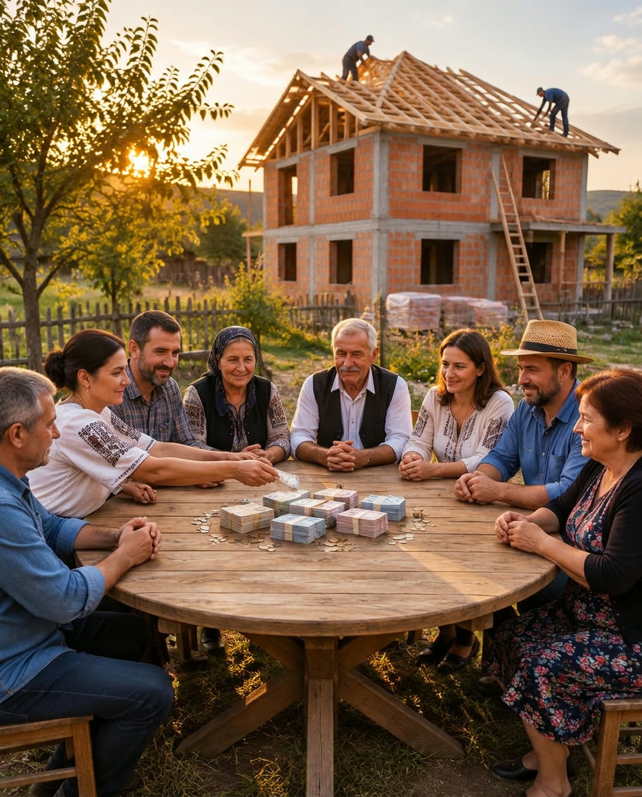 Opt participanți la o masă de ajutor reciproc, cu banii așezați pe masă și o casă în construcție în fundal